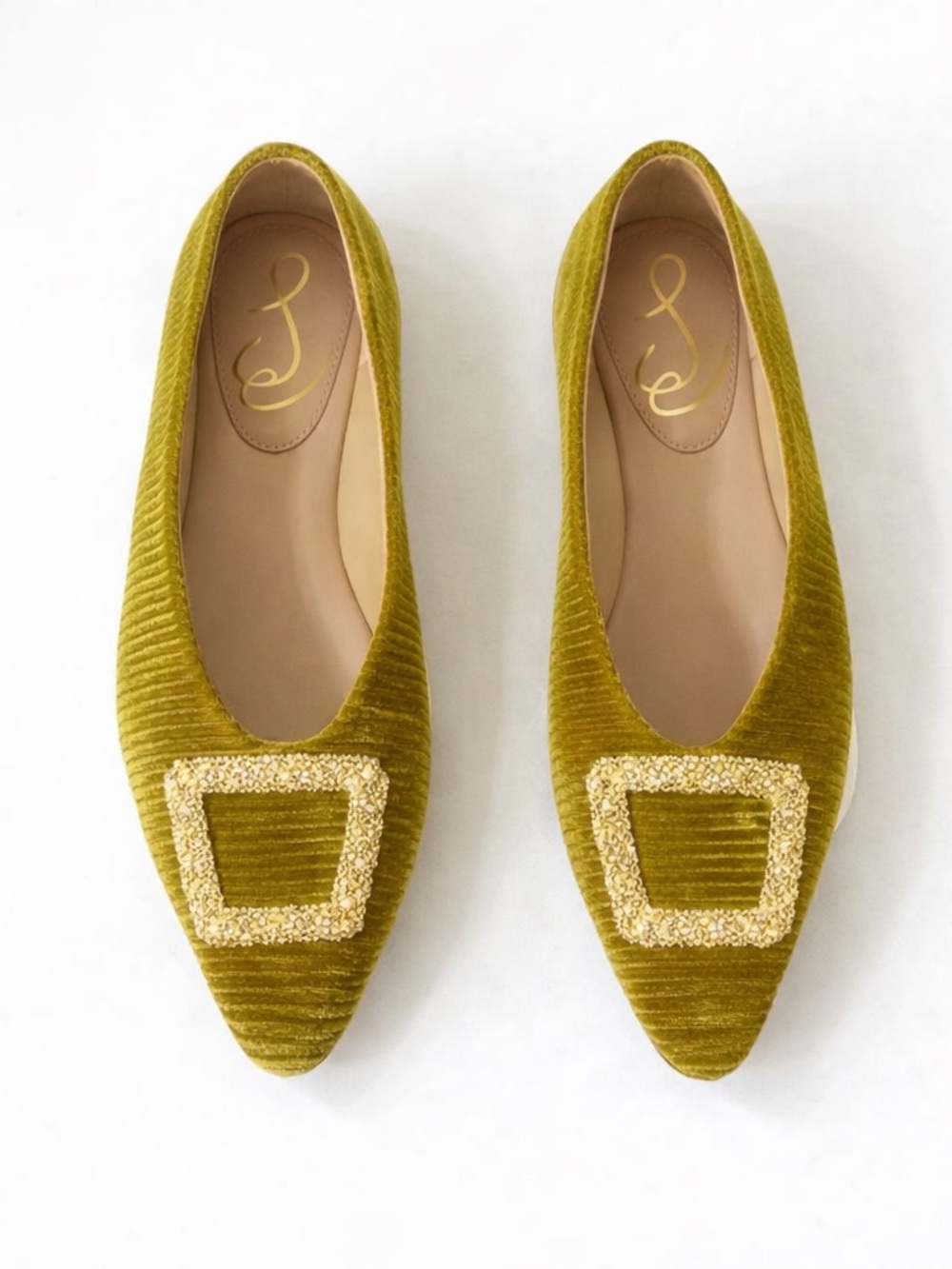 Sam Edelman Velvet Flats 7.5 Chartreuse Green Gold Buckle Pointed Toe EUC